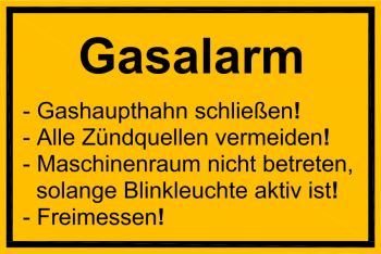 Hinweisschild "Gasalarm" mit Hinweisen