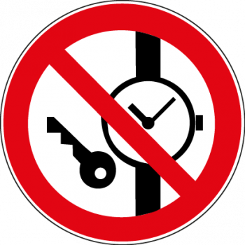 "Mitführen von Metallteilen oder Uhren verboten" - DIN EN ISO 7010, D-P020