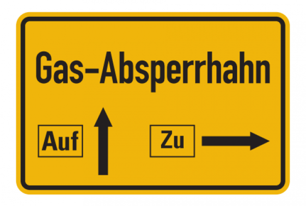 Warnschild "Gas-Absperrhahn" gelb/schwarz